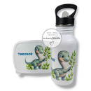 Set aus Jausenbox und Trinkflasche mit einem Dinosaurier und Name personalisiert